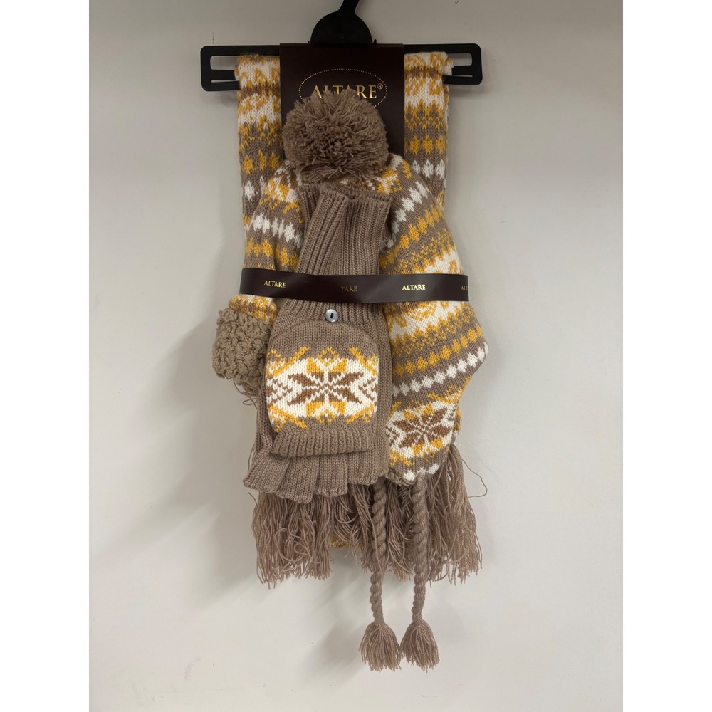 Women's Winter Hat Set Altare Fair Isle Beanie Scarf Convertible Mittens